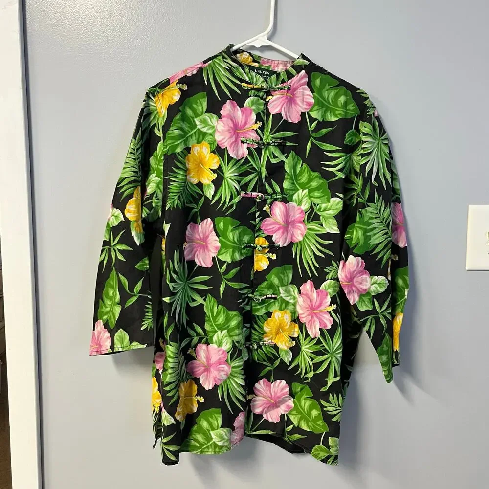 Lauren Ralph Lauren Linen Tropical Hibiscus Frog Knot Mandarin Collar‎ Shirt XL